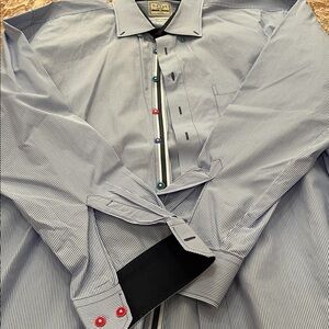 Haupt Men's Blue Striped Shirt with multi colored buttons size 45/46 18 regular